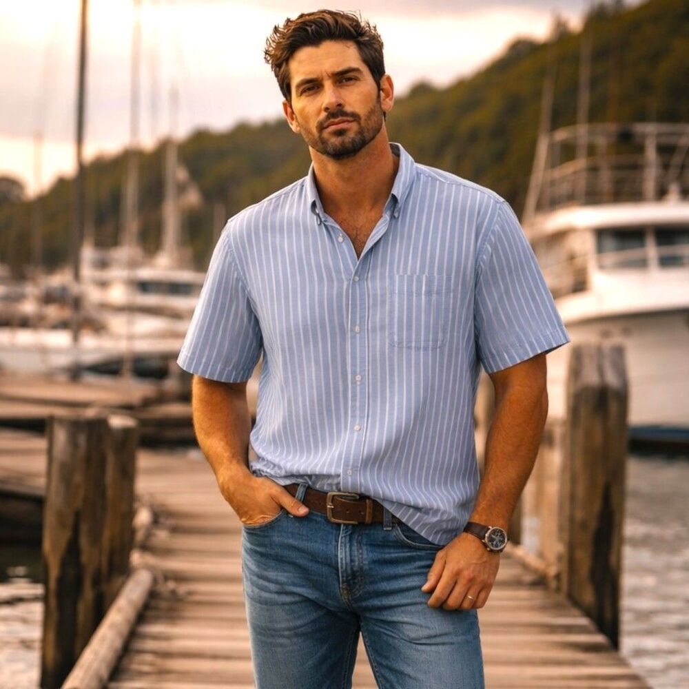LL Bean Mens XL Tall Coastal Blue White Stripe Button Down Shirt Cotton Pocket